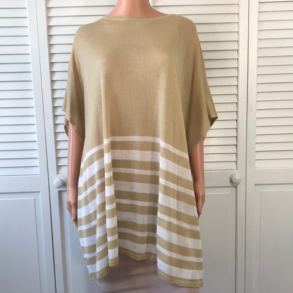 PRICE IS FIRM - BROOKS BROTHERS Beige White Striped Knit Poncho Sweater